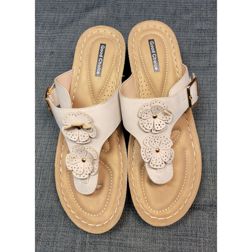 Good Choice Narbone Women 8.5 Beige Floral Wedge Thong Sandals Buckle Slide